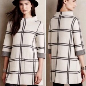 Maria Bellentani cream black Window pane grid print mock neck wool sweater Sz L